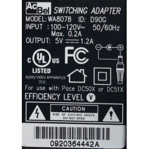 CARGADOR / ADAPTADOR DE FUENTE DE ALIMENTACION ACBEL VCA-VCD  / NUMERO DE PARTE D90G / ENTRADA VCA 100-120V~ 50/60HZ MAX 0.2A / SALIDA VCD 5V 1.2A / MODELO WA8078